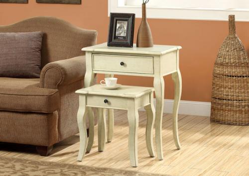 Monarch I 3876 Nesting Table - 2pcs Set / Antique White Veneer; An elegantly designed 2 piece set, distressed antique white nesting tables featuring drawer storage and soft curved legs; A beautiful addition to any room in your home; PRODUCT DIMENSIONS: 23